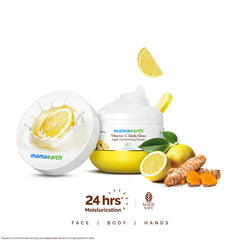 Mamaearth Vitamin C Daily Glow light moisturizing cream jar, open lid with cream