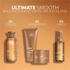 Ultimate Smooth hair care set: bottle, conditioner tube, jar, and spray.
