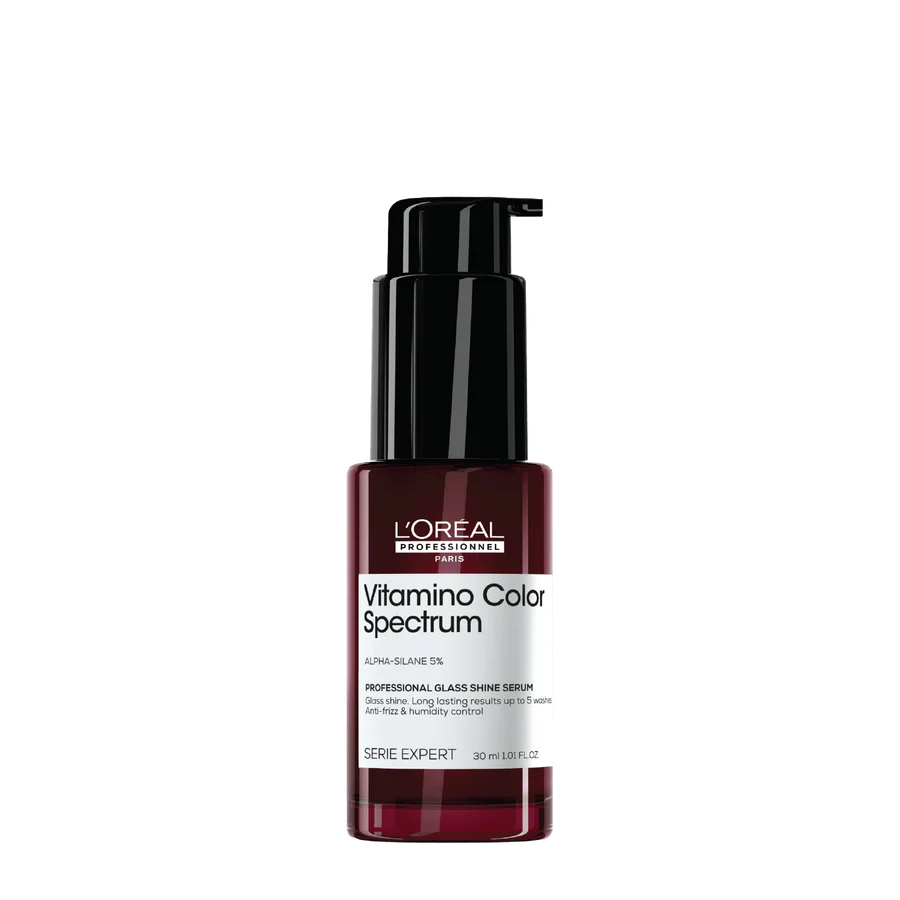Hair gloss serum bottle with black pump and deep burgundy liquid, 50 ml