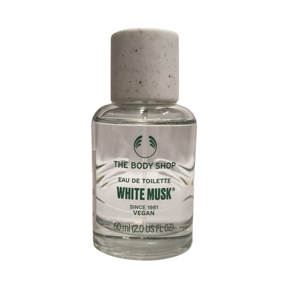 White Musk eau de toilette bottle, 60 ml, clear glass with silver cap