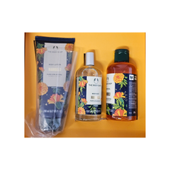Marigold body care trio pack with 2 bottles and lotion tube in gift box