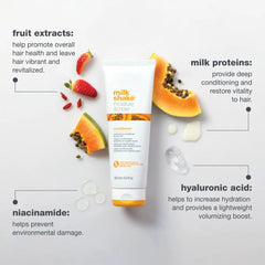 Milk_shake moisture & more conditioner tube with callouts: fruit extracts and milk proteins