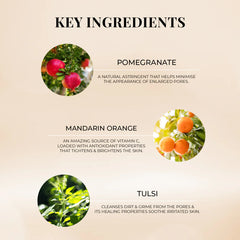 Key ingredients graphic: pomegranate, mandarin orange, and tulsi