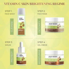 Vitamin C skin brightening routine chart with cleanser, mask, serum, and gel cream