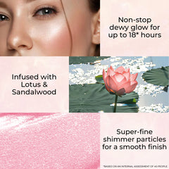 Dewy face skin with fine shimmer, glossy glow effect for luminous finish