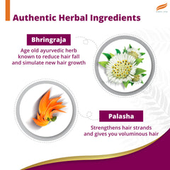Anti-hair fall shampoo ingredient graphic with bhringraja flower and palasha icon