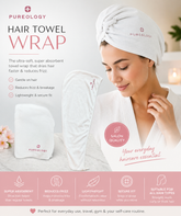 White hair towel wrap with Pureology logo, worn on head.