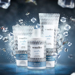 Set of violet Arctic Ice shampoo bottles and tube, geometric texture