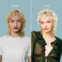 Blonde hair before-and-after on model, dry texture compared with smoother look