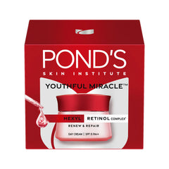 Red and white day cream carton with POND'S branding and jar image