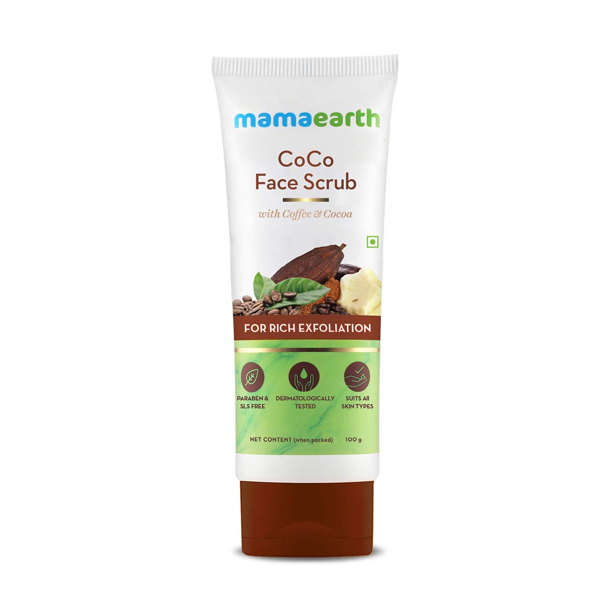 Mamaearth CoCo Face Scrub tube, white and brown; coffee & cocoa rich exfoliation label