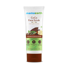 Mamaearth CoCo Face Scrub tube, white and brown; coffee & cocoa rich exfoliation label
