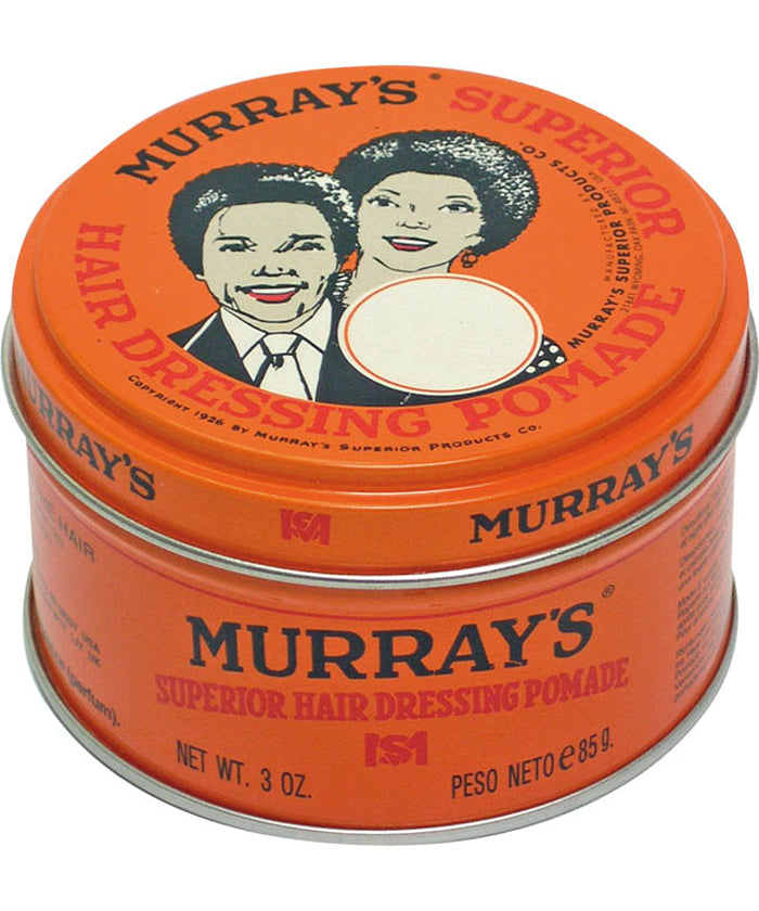 Murray’s superior hair dressing pomade tin, orange metal container with lid label