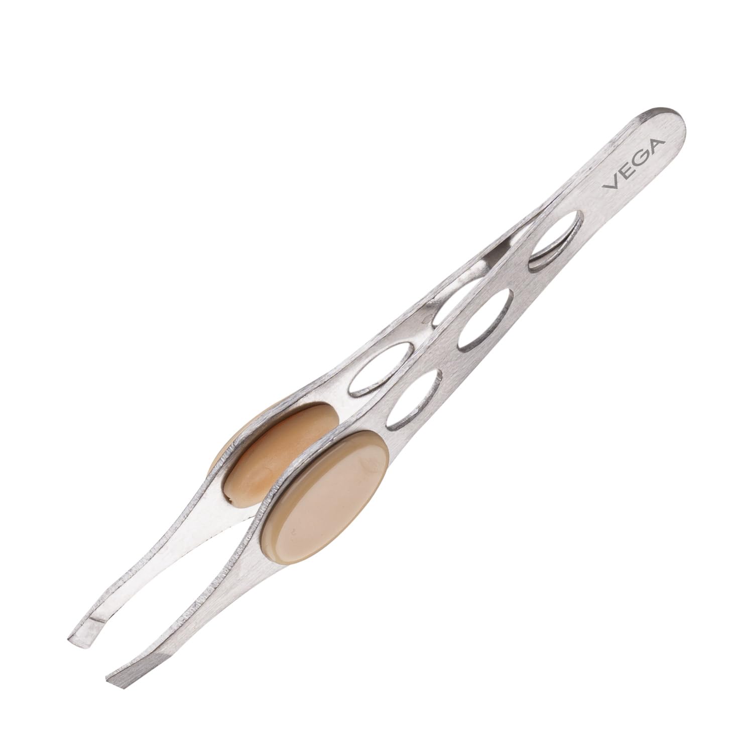 Stainless steel tweezer with rubber grip, oval cutouts for hair removal