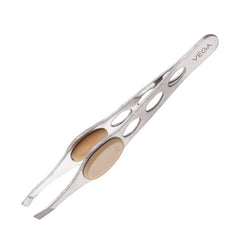 Stainless steel tweezer with rubber grip, oval cutouts for hair removal