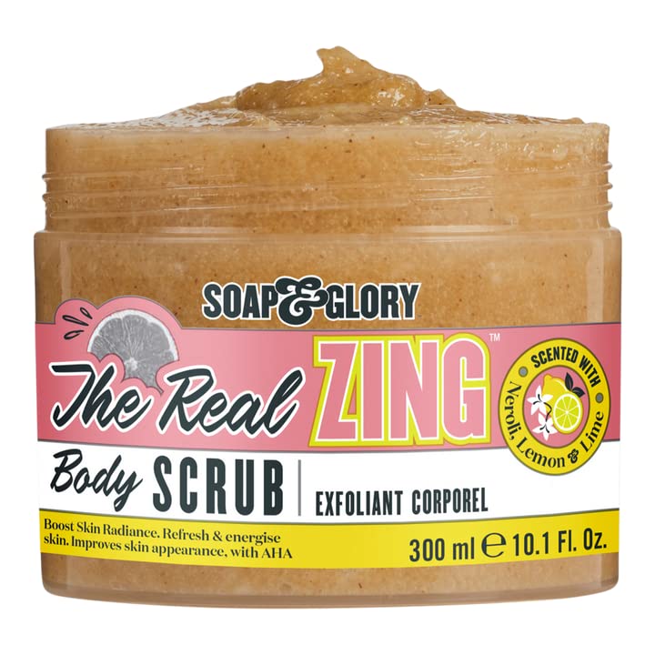 Body scrub jar with beige exfoliating scrub and clear lid, Real Zing body scrub label