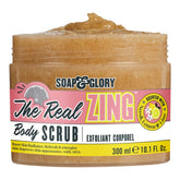 Body scrub jar with beige exfoliating scrub and clear lid, Real Zing body scrub label