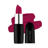 Matte maroon lipstick with black cylindrical case and silver bullet base