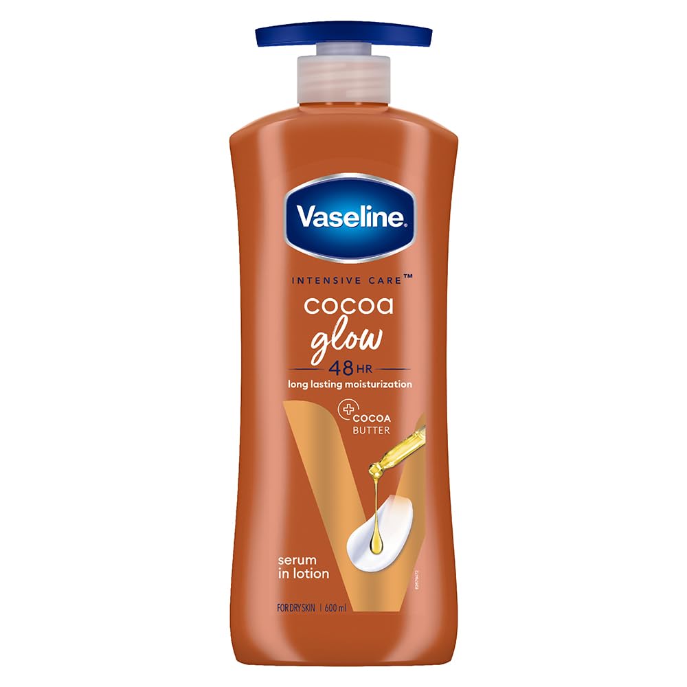 Vaseline Cocoa Glow body lotion bottle, cocoa brown with blue pump cap