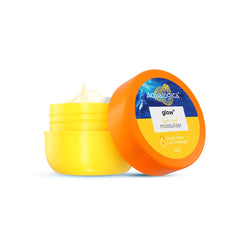 Skincare moisturizer jar with orange lid and yellow body, front label visible
