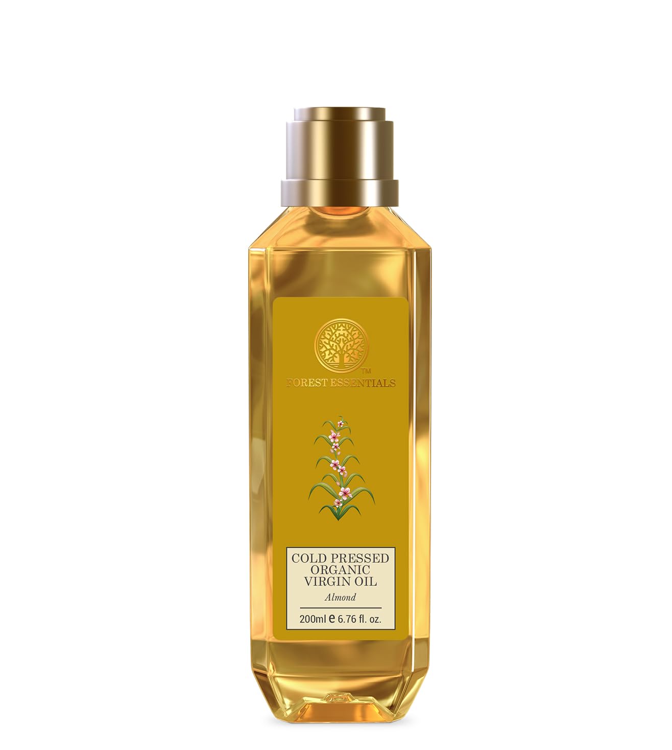 Forest Essentials almond oil bottle, gold cap, amber bottle, 200 ml