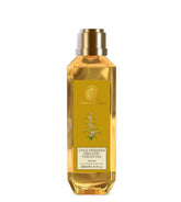 Forest Essentials almond oil bottle, gold cap, amber bottle, 200 ml