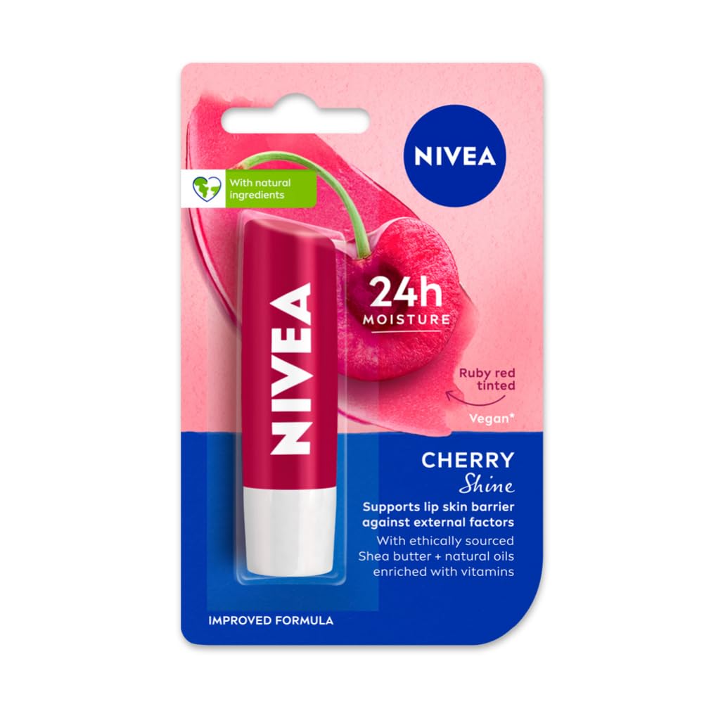 NIVEA Cherry Shine lip balm tube with white cap and pink cherry tint
