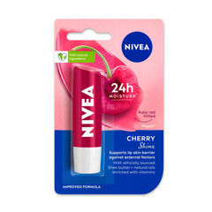 NIVEA Cherry Shine lip balm tube with white cap and pink cherry tint