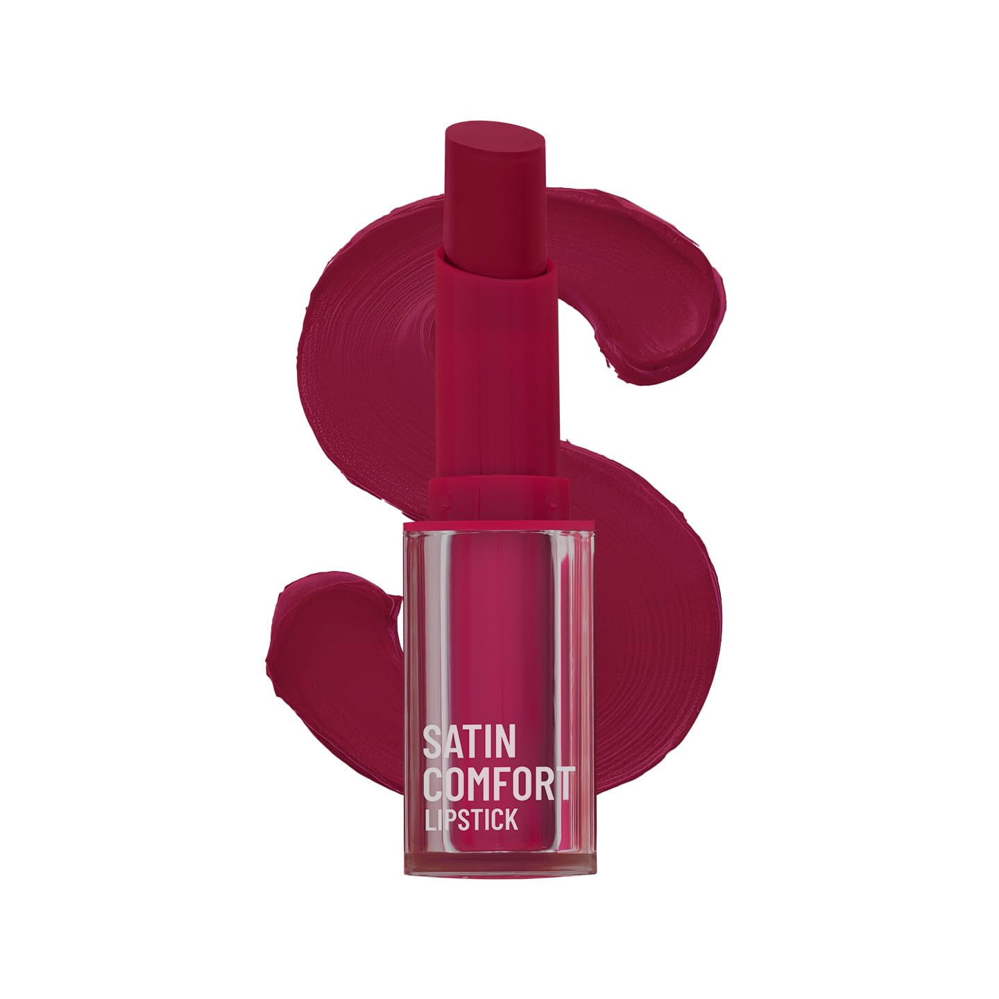 Swiss Beauty satin comfort lipstick, shade 09 Cherry Blossom, deep cherry red bullet and bottle.