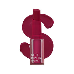 Swiss Beauty satin comfort lipstick, shade 09 Cherry Blossom, deep cherry red bullet and bottle.
