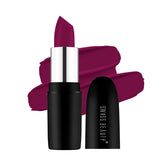Matte berry lipstick tube with open cap and visible bullet, plus swatch.