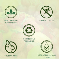 Face wash product icons: 100% natural, chemical free, recyclable, cruelty free
