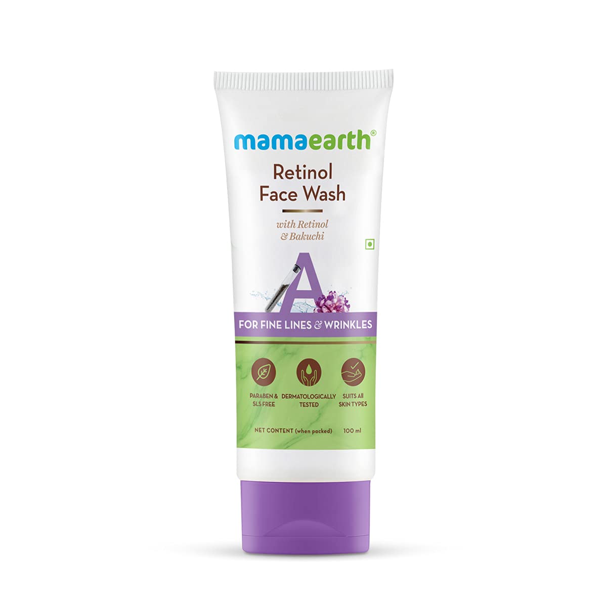 Retinol face wash tube, white with purple base; mamaearth logo on front.