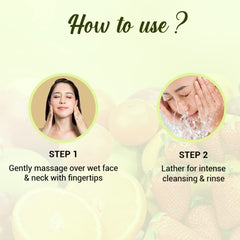 How to use face wash steps: massage on wet face, then lather and rinse