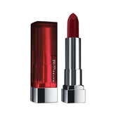 Creamy matte lipstick in deep plum shade, silver cap with burgundy bullet