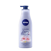 Cherry blossom oil-in lotion bottle, light lavender, blue pump, 200 ml