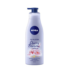 Cherry blossom oil-in lotion bottle, light lavender, blue pump, 200 ml