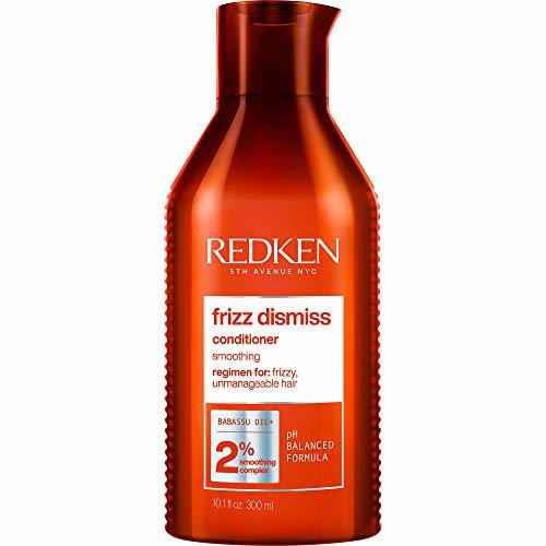 Redken Frizz Dismiss smoothing conditioner bottle, red plastic with label and 300 ml.