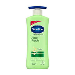 Vaseline Intensive Care Aloe Fresh body lotion bottle, 400 ml, green with blue cap.