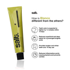 Salt whitening toothpaste tube with black cap and feature icons