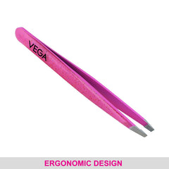 Vega pink glitter slant tip tweezer, close view of two angled metal tips