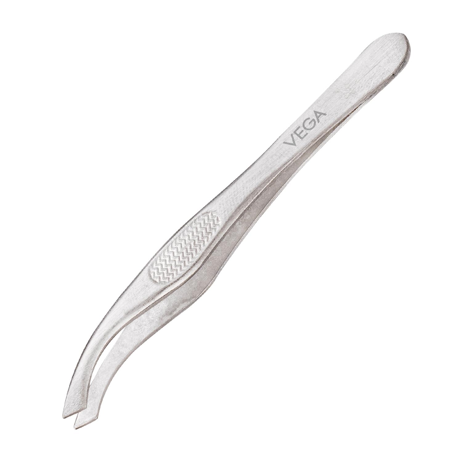 Vega slant-tip tweezer with angled precision point, silver metal body