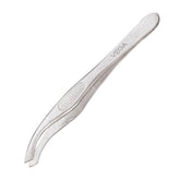 Vega slant-tip tweezer with angled precision point, silver metal body