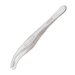 Vega slant-tip tweezer with angled precision point, silver metal body