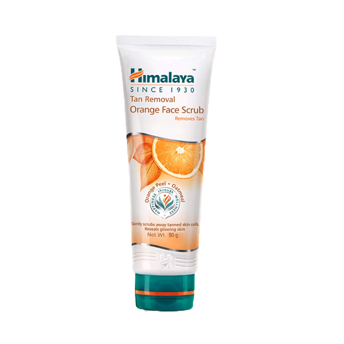 Tan removal orange face scrub tube with orange peel graphic and teal cap band