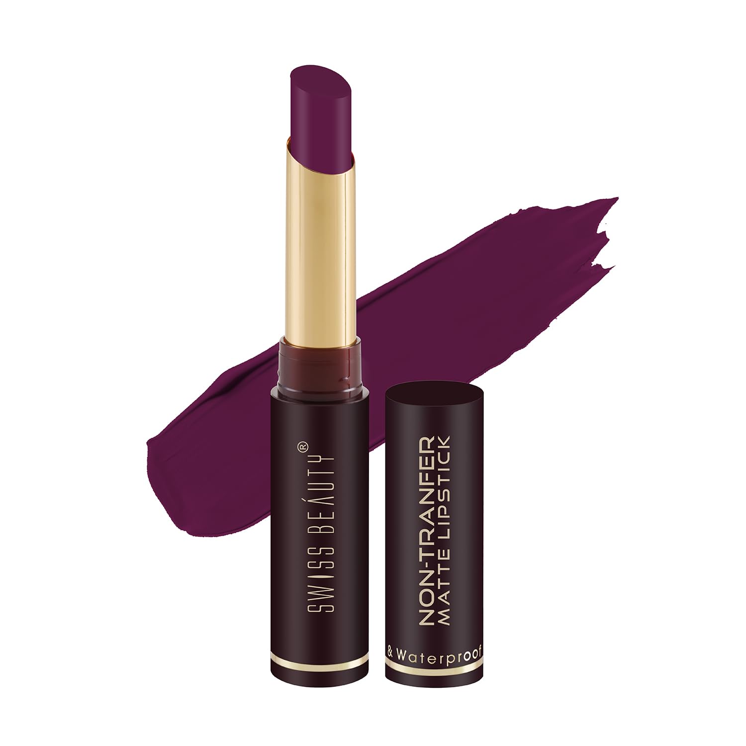 Plum matte waterproof lipstick with bullet raised and open tube