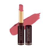 Matte waterproof lipstick in berry mauve shade with open bullet and cap