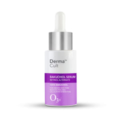 Derma Cult Bakuchiol Serum bottle with silver cap and purple label