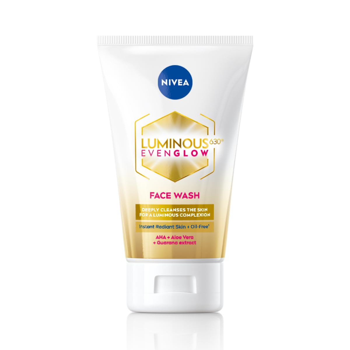 NIVEA Luminous Even Glow face wash tube with gold-and-yellow label, white cap