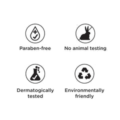 Neem foaming face wash quality icons: paraben-free, no animal testing, dermatologically tested